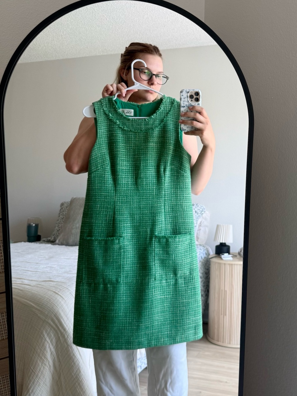 Eliza J Vintage Inspired Green Textured Tweed Sleeveless Dress Front Pockets 8